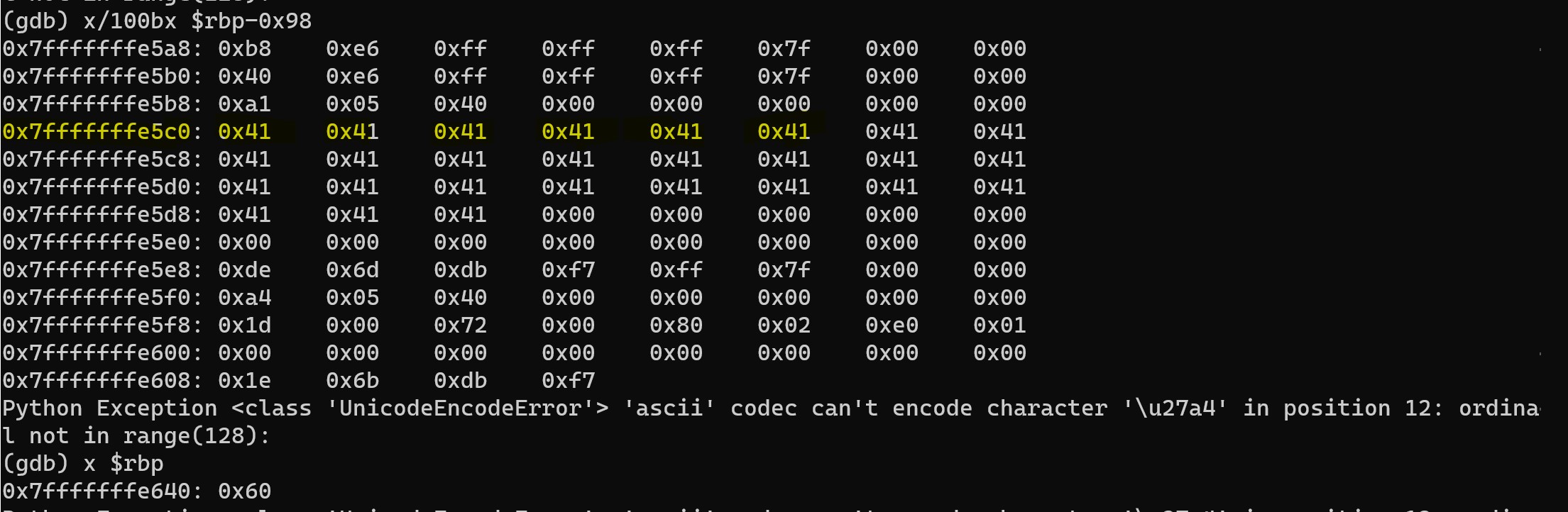 Stack Memory Layout from $rbp till $rsp